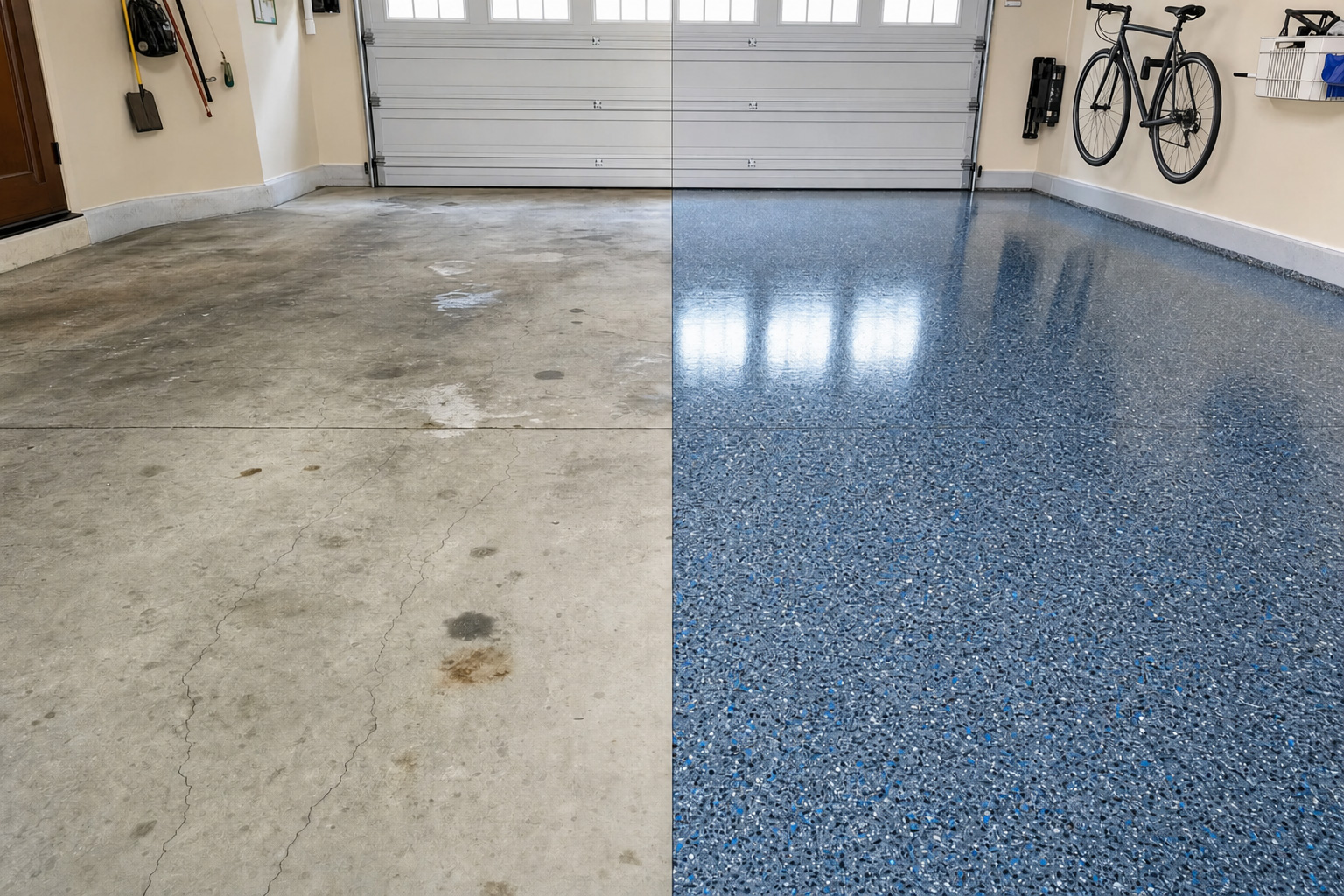 Before and after decorative garage floor coating transformation